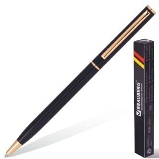 Ручка шариковая BRAUBERG бизнес-класса «Slim Black», корпус черный, золотистые детали, 1 мм, синяя